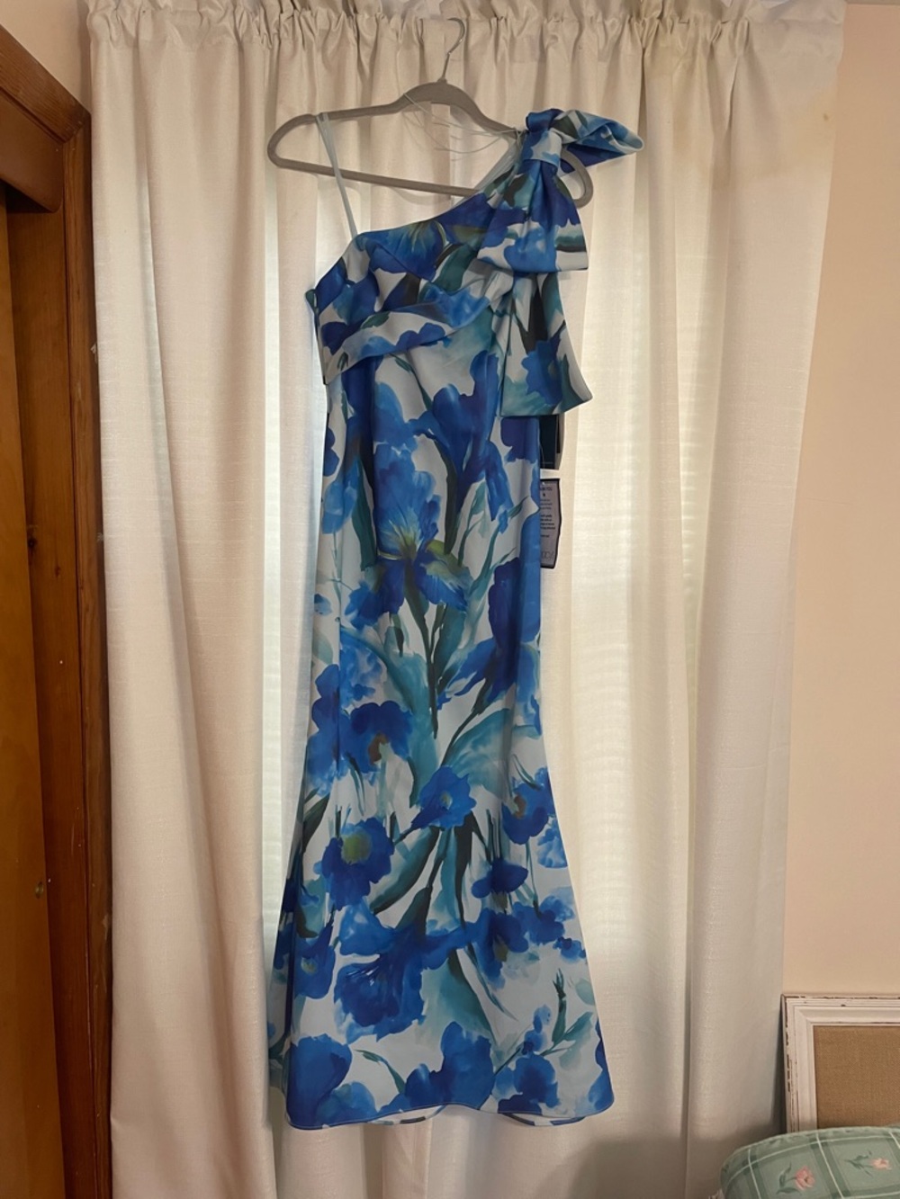 Adrianna Papell Blue Floral One-Shoulder Bow Dress